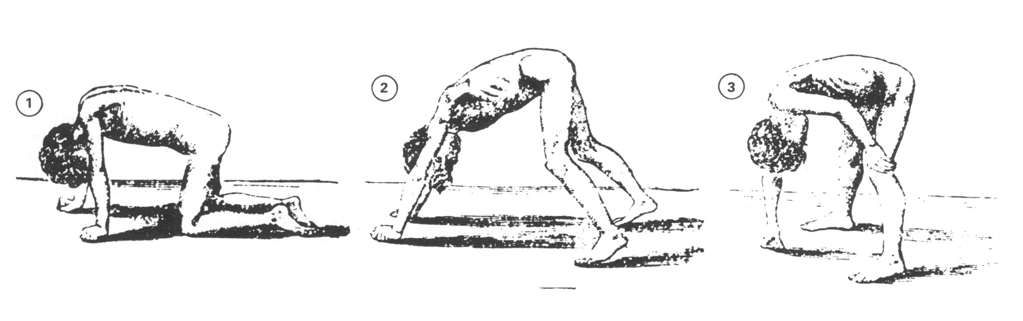 Picture of a child pushing to stand through bear walk position then using hands on thighs to raise trunk.