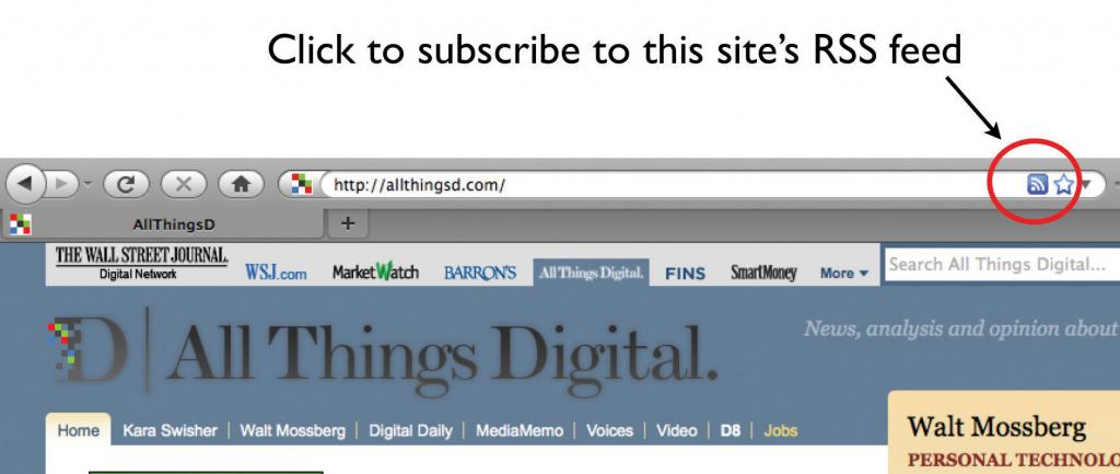 Screen shot showing how to subscripe to a site's RSS feed