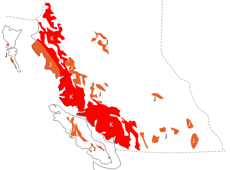 Figure 21.20 Jurassic (J) and Cretaceous (K) granitic bodies in south-central B.C. [SE]