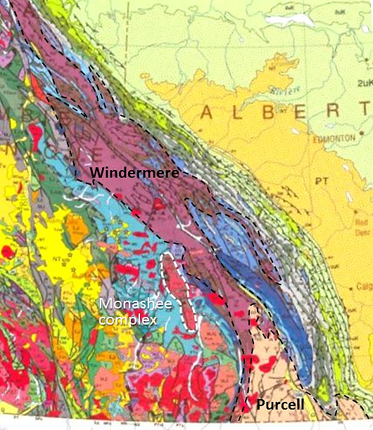 Figure 21.7 Precambrian rocks in southern B.C. and Alberta [ By SE after: http://geoscan.nrcan.gc.ca/starweb/geoscan/servlet.starweb?path=geoscan/fulle.web&search1=R=208175]