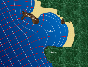 Figure 17.11 The approach of waves (white lines) in the Cox Bay area of Long Beach, Vancouver Island. The red arrows represent wave energy; most of that energy is focused on the headlands of Frank Island and Cox Point. [SE]