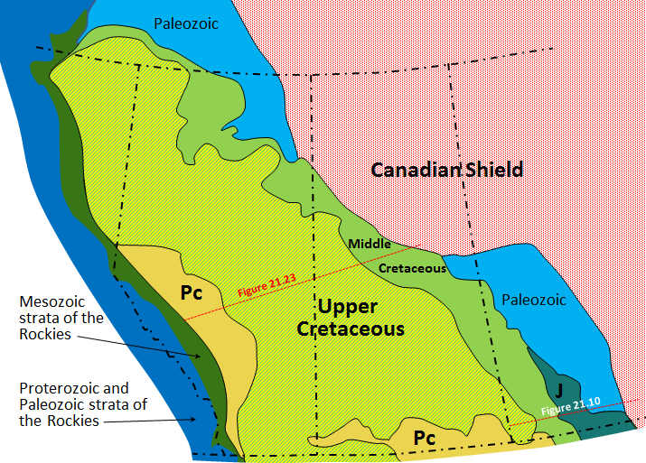 Figure 21.22 The distribution of Mesozoic sedimentary rocks in the Western Canada Sedimentary Basin. J stands for Jurassic and Pc for Paleocene. The lines of the cross-sections of Figures 21.10 and 21.23 are shown. [SE after Alberta Geological Survey]