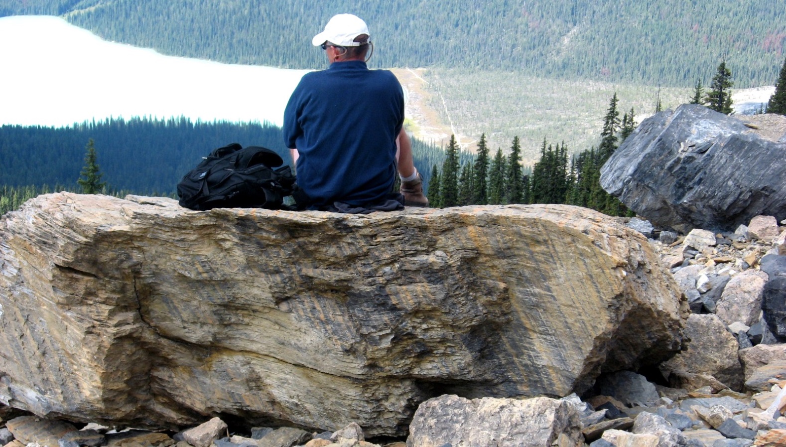 Figure 7.7 A slate boulder on the side of Mt. Wapta in the Rockies near Field, BC. Bedding is visible as light and dark bands sloping steeply to the right (white arrow). Slaty cleavage is evident from the way the rock has broken and also from lines of weakness that same trend (yellow arrows). [SE]