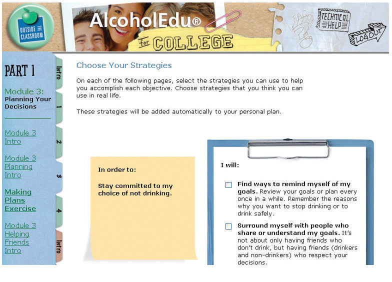 The AlocholEdu Online Alcohol Awareness Program from Outside the Classroom (website screen shot)
