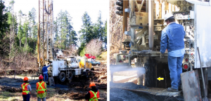 Figure 14.10 A water-well drilling rig in operation in the Cassidy area, near Nanaimo, B.C. In the photo on the right the well is being test-pumped with air pressure. The casing (yellow arrow) is about 40 cm in diameter. [SE]
