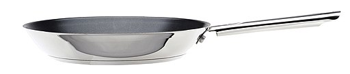 an image of a sloped pan with a wide flat bottom and sloped sides 3-4 inches high with a long handle on one side.