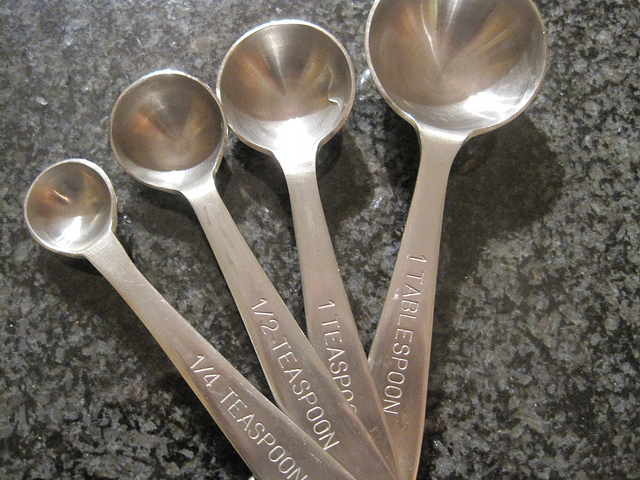 image of a set of measuring spoons; 1/4 teaspoon, 1/2 teaspoon, 1 teaspoon, and 1 tablespoon