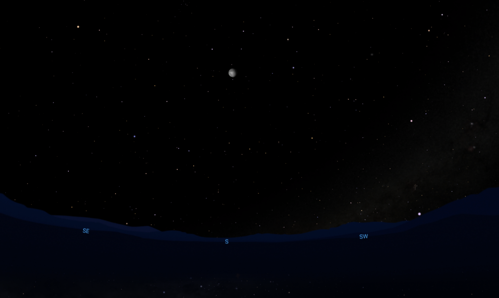 Simulated view of the sky looking south showing the Moon partially illuminated