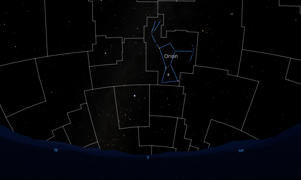 Simulated image from Starry Night of the sky on Jan 27, 2019 at 10:00pm. Constellation boundaries are drawn on the sky and the stick figure connecting the stars of Orion are overplotted on the stars.