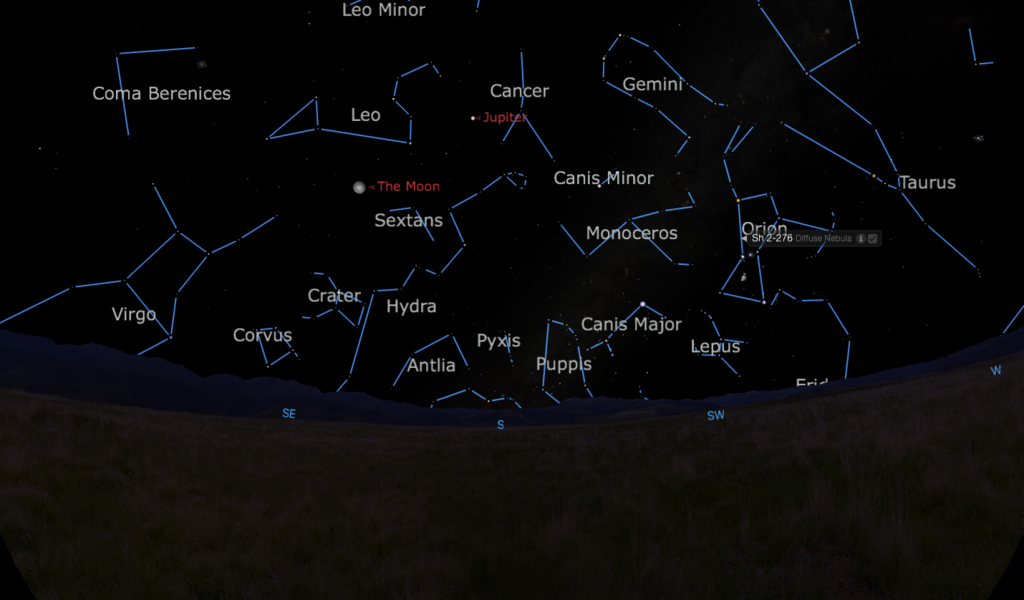 Starry Night image of the southern sky on Feb 6, 2015 showing constellations, the Moon, and Jupiter.