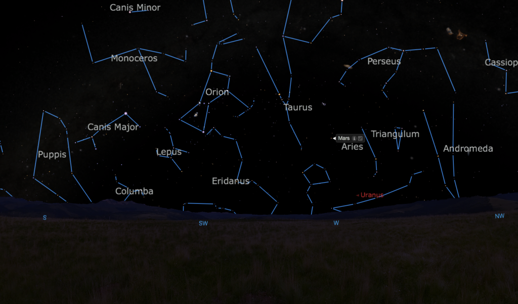 Simulated image of the sky over State College, PA at 9:25pm on March 15, 2019. Constellations are labeled, as is the location of the Planet Mars.
