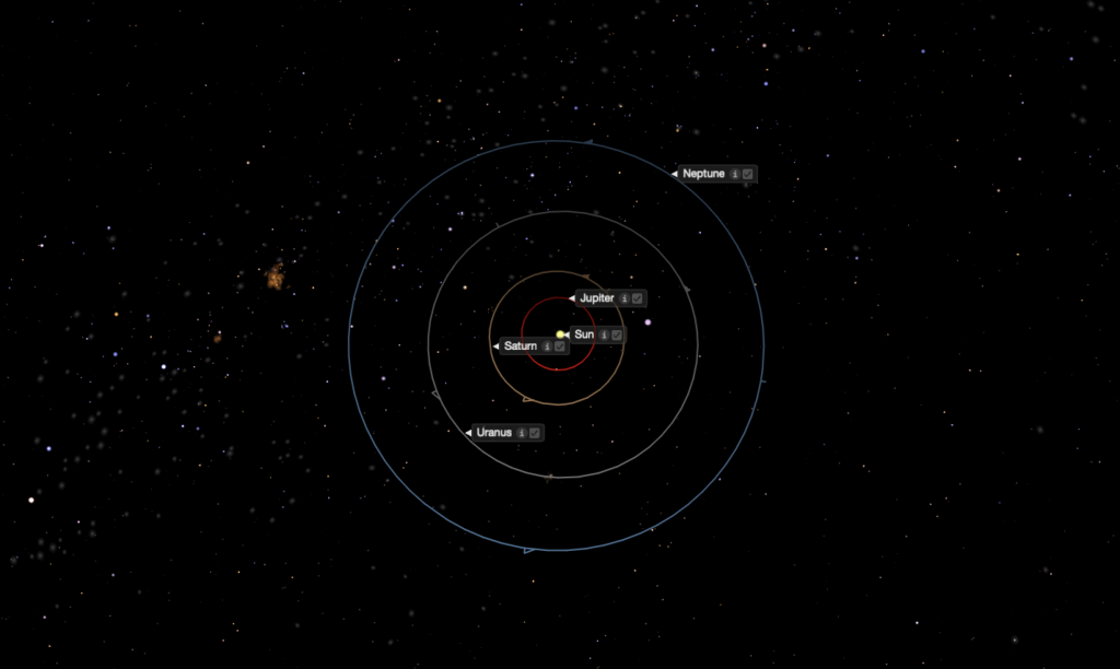 Starry Night image of the outer Solar System with orbits and planets labeled.