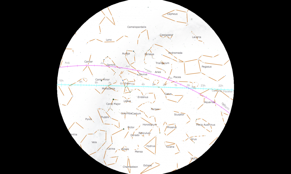 An all sky view produced with the software Starry Night showing the bright stars and constellations on the winter solstice.