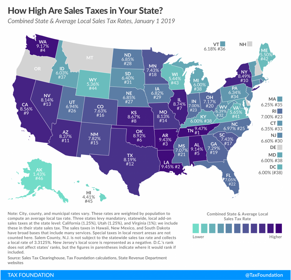 This map shows the sales tax by state.