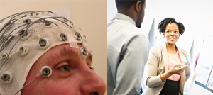 Left: Woman wearing an EEG cap, Right: a psychologists talking.