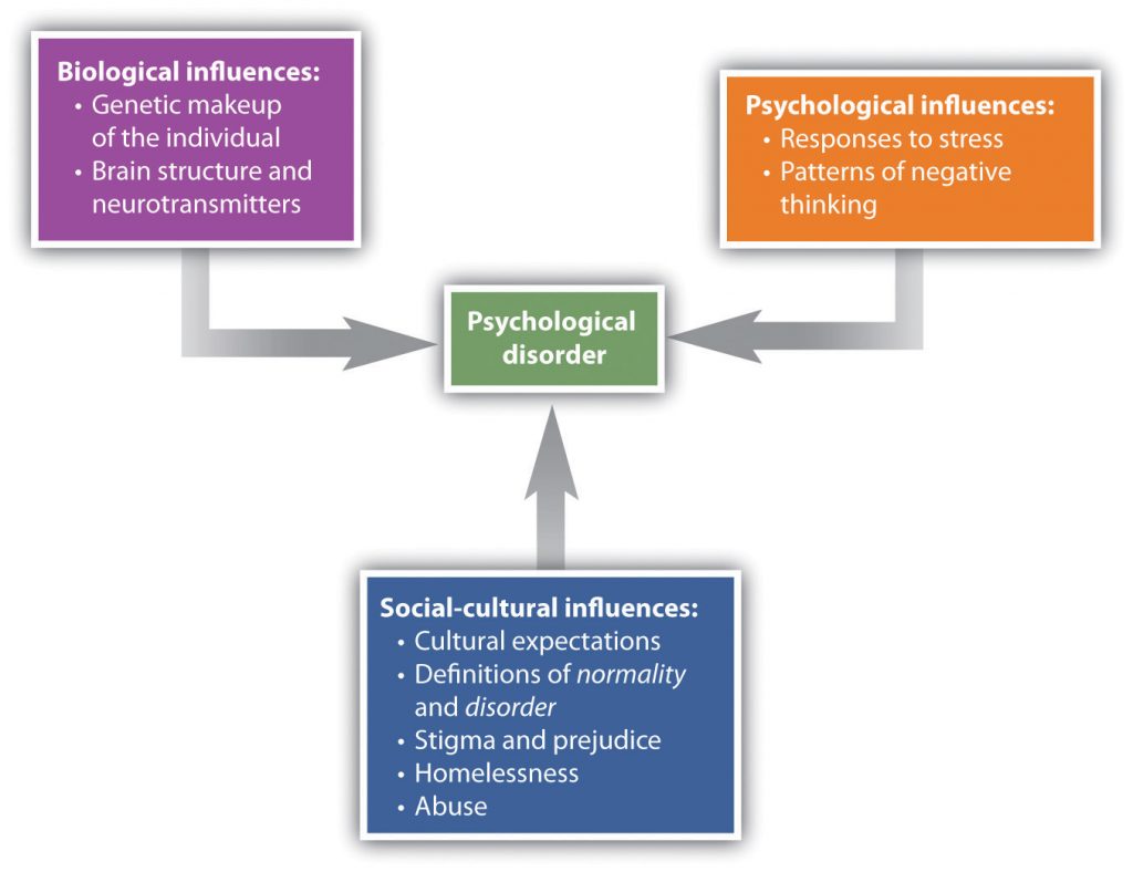 3 boxes of influence: (1. biological 2. psychological 3. social-cultural) all point to psychological disorder.