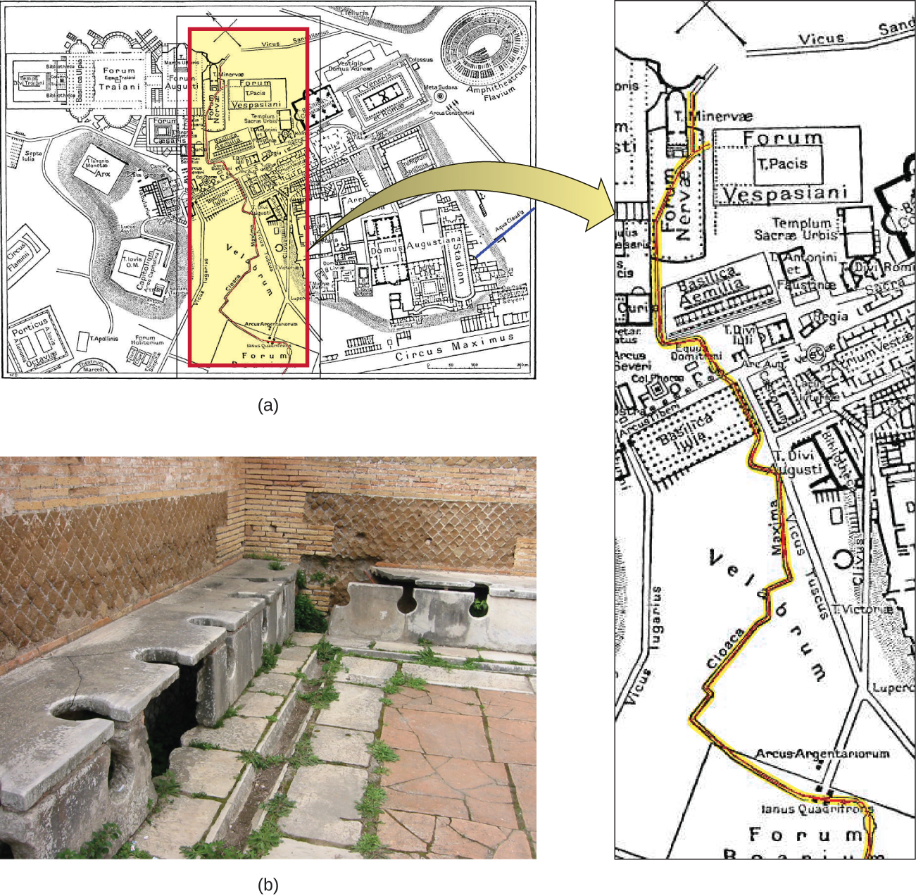 A map of roman, a view of the map zoomed in to show the sewage line, and a still shot of the latrines that were empties into the Cloaca Maxima