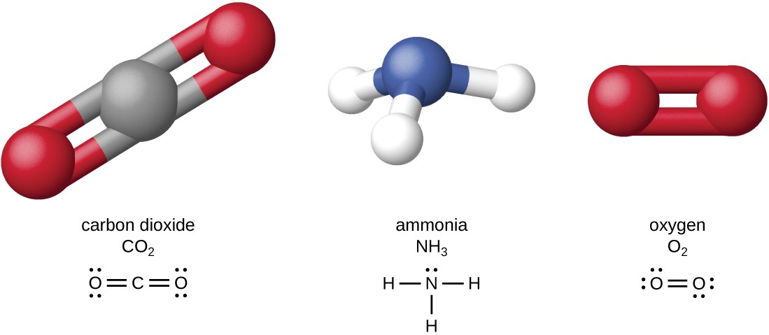 3 molecule models: carbon dioxide, ammonia and oxygen
