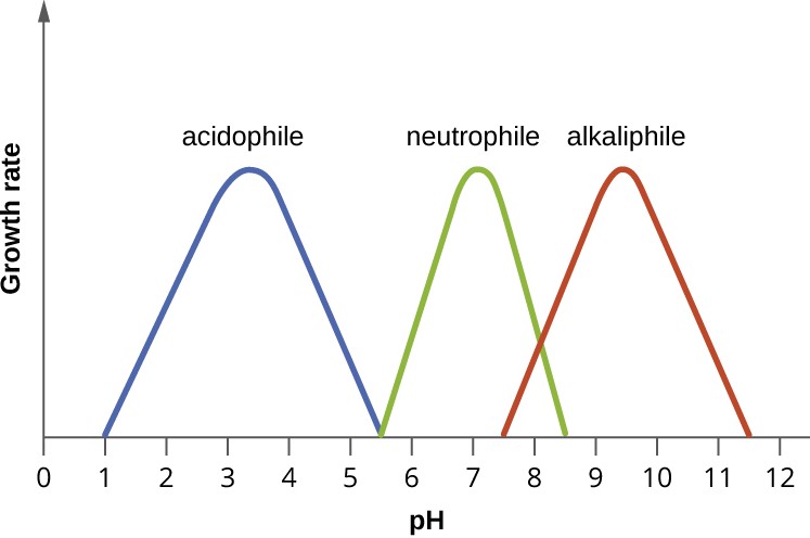 graph of pH versus Growth rate with 3 curves labeled acidophile, neutrophile and alkaliphile.