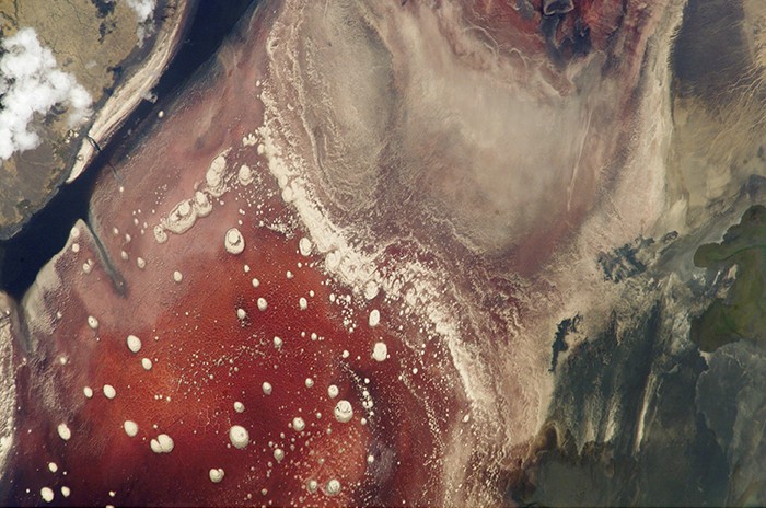 satellite image of reddish color of Lake Natron