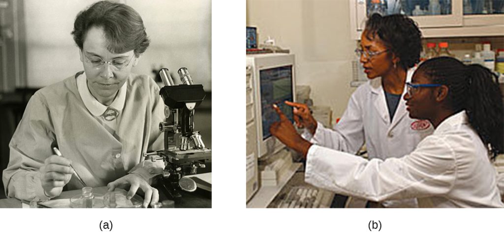 2 photos: A. Barbara McClintock. B. 2 women working in a lab.