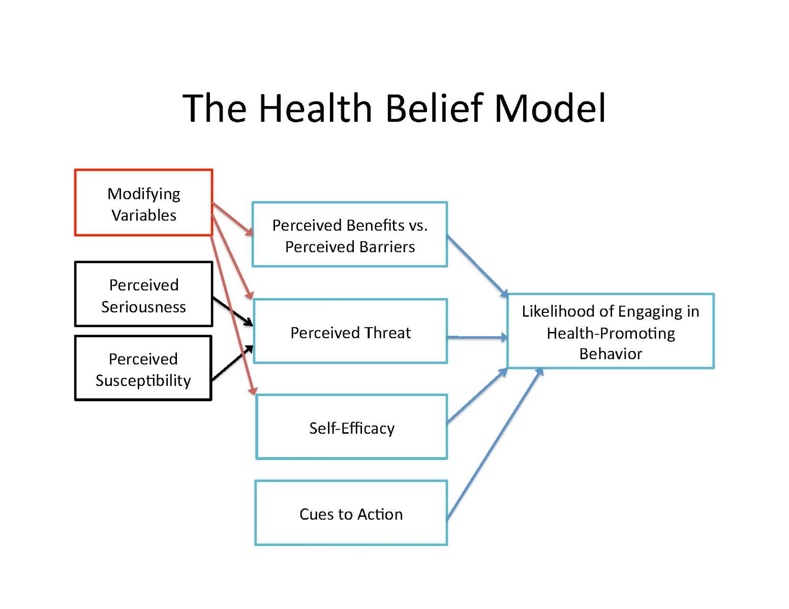 There are boxes with text and links to show the relationshop between the variables, perceived beliefs, and likelihood of engaging health promoting behavior.