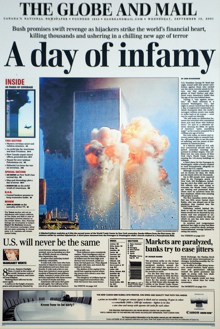 photo of newspaper front page showing 911 attack