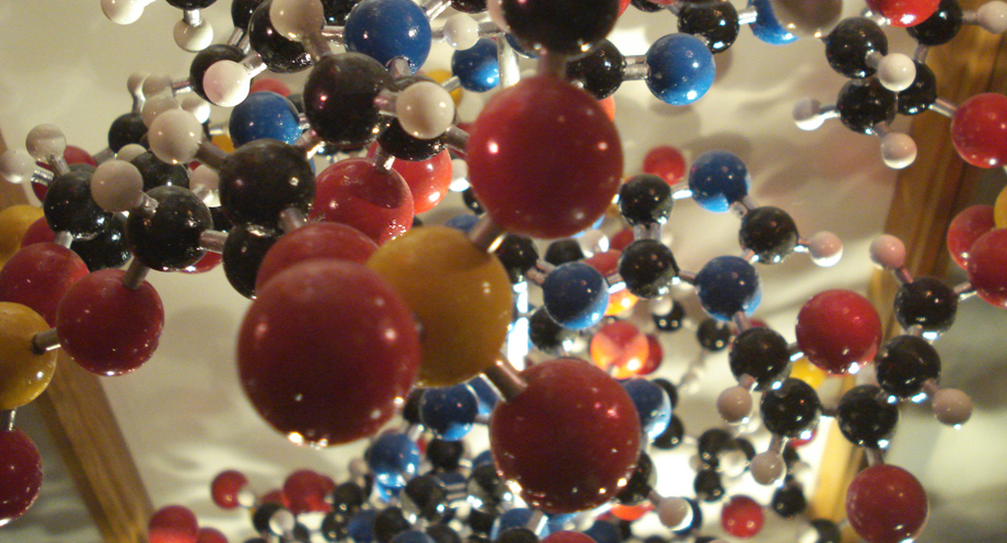 A molecular model shows hundreds of atoms, represented by yellow, red, black, blue and white balls, connected together by rods to form a molecule. The molecule has a complex but very specific three-dimensional structure with rings and branches.