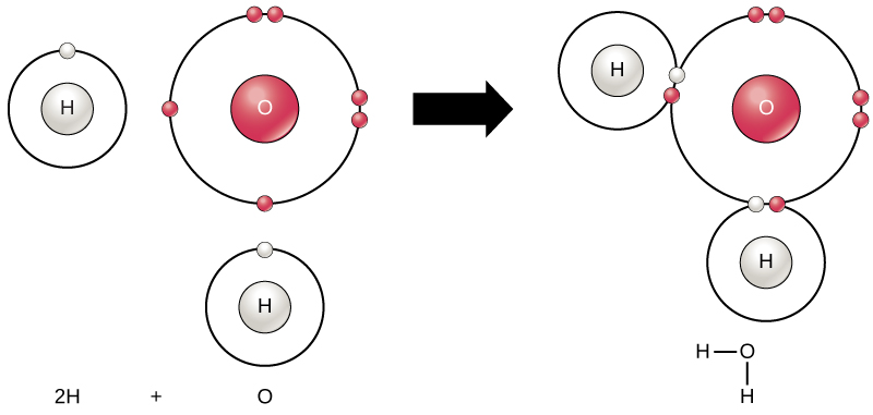 In the first image, an oxygen atom is shown with six valence electrons. Four of these valence electrons form pairs at the top and right sides of the valence shell. The other two electrons are alone on the bottom and left sides. A hydrogen atom sits next to each the lone electron of the oxygen. Each hydrogen has only one valence electron. An arrow indicates that a reaction takes place. After the reaction, in the second image, each unpaired electron in the oxygen joins an electron from one of the hydrogen atoms so that the valence rings are now connected together. The bond that forms between oxygen and hydrogen can also be represented by a dash.