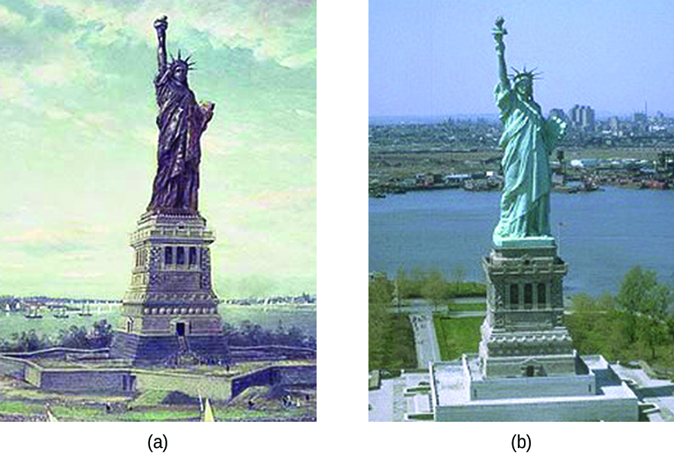 An image of the statue of liberty before and after corrosion