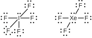 Two Lewis structures are shown. The left shows an iodine atom with one lone pair single bonded to five fluorine atoms, each with three lone pairs of electrons. The right diagram shows a xenon atom with two lone pairs of electrons single bonded to four fluorine atoms, each with three lone pairs of electrons.