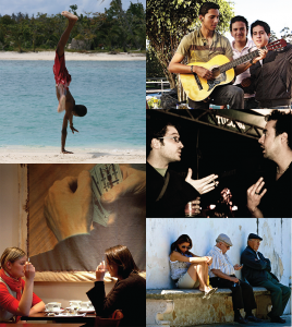 This collage contains pictures of a man doing a handstand on a beach, a man playing guitar with two friends, two men having a conversation, two women smoking at a table, and two old men and a woman sitting on the side of a building.