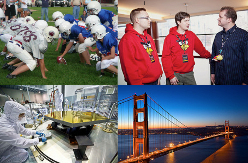 A collage of photos: A football game with players posed on the field, Two gaming engineers with angry bird gear, chemical engineers, and the golden gate bridge