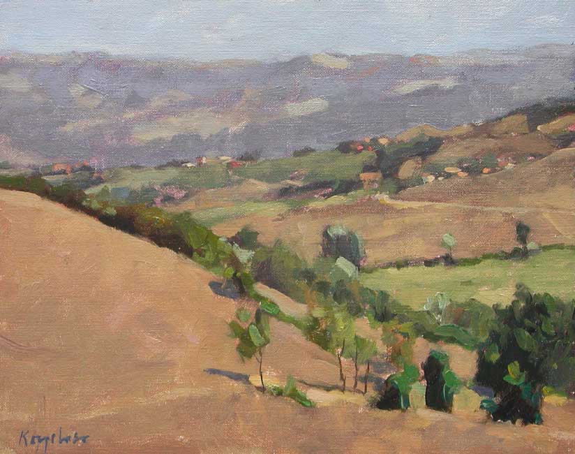 The artist who painted the picture on the right used aerial perspective to make the distant hills more hazy and thus appear farther away.