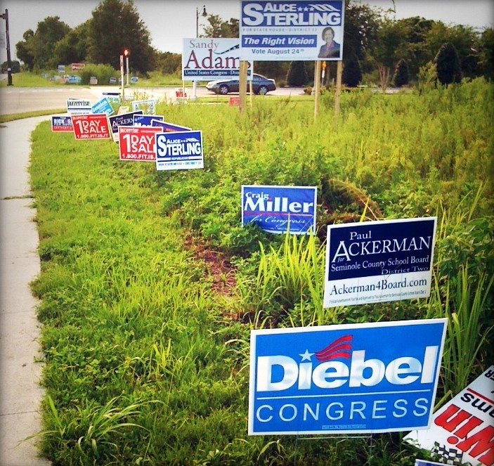A field near a road is full of political campaign signs and advertisements for a "1 day sale".