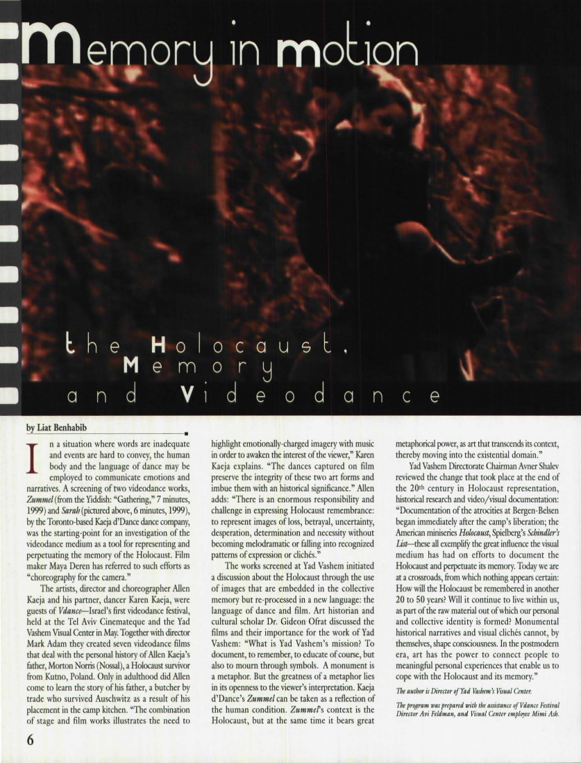 Photo of the dance film, "Sarah", and magazine article.