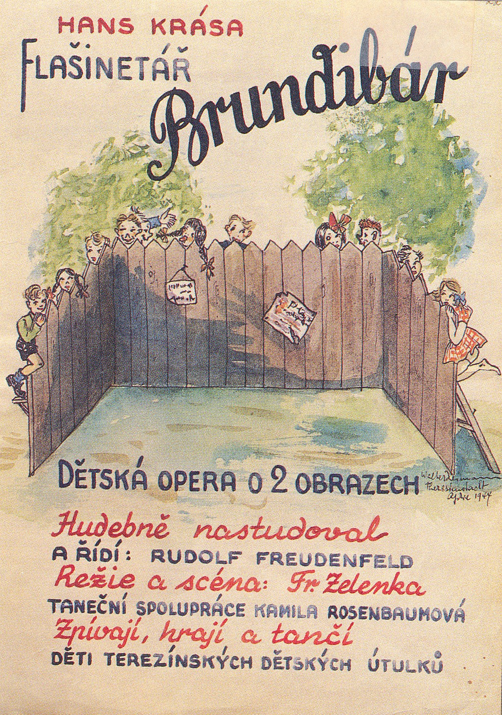 The poster of Brundibár features a charming drawing of a wooden fence with girls in bows and boys in knickers peering over the top. The children focus on the names of the artists credited with producing the opera. I immediately noted the choreography was by someone named Kamila Rosenbaumová.