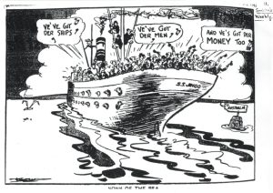 Australian editorial cartoon showing ship filled with caricatured Jewish passengers.