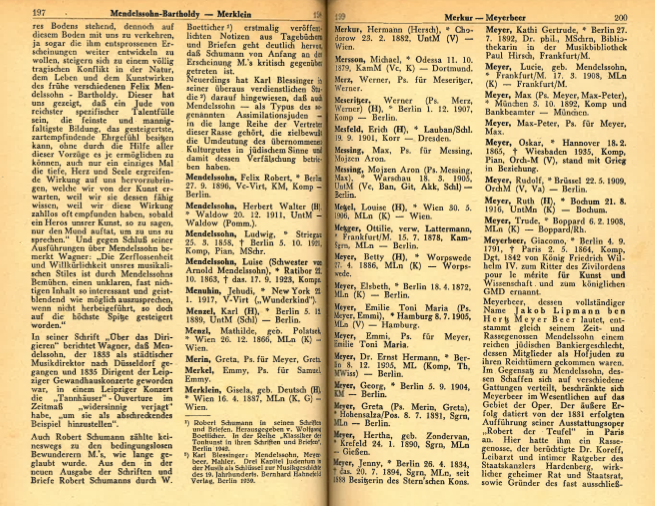 Photo of 2 pages of the Encyclopedia of Jews in Music that show Mendelssohn-Bartholdy and Meyerbeer.