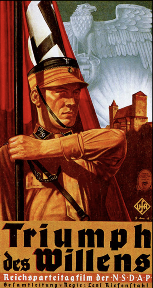 Poster for Triumph of the Will (film) shows a soldier holding a flag with a swastika.