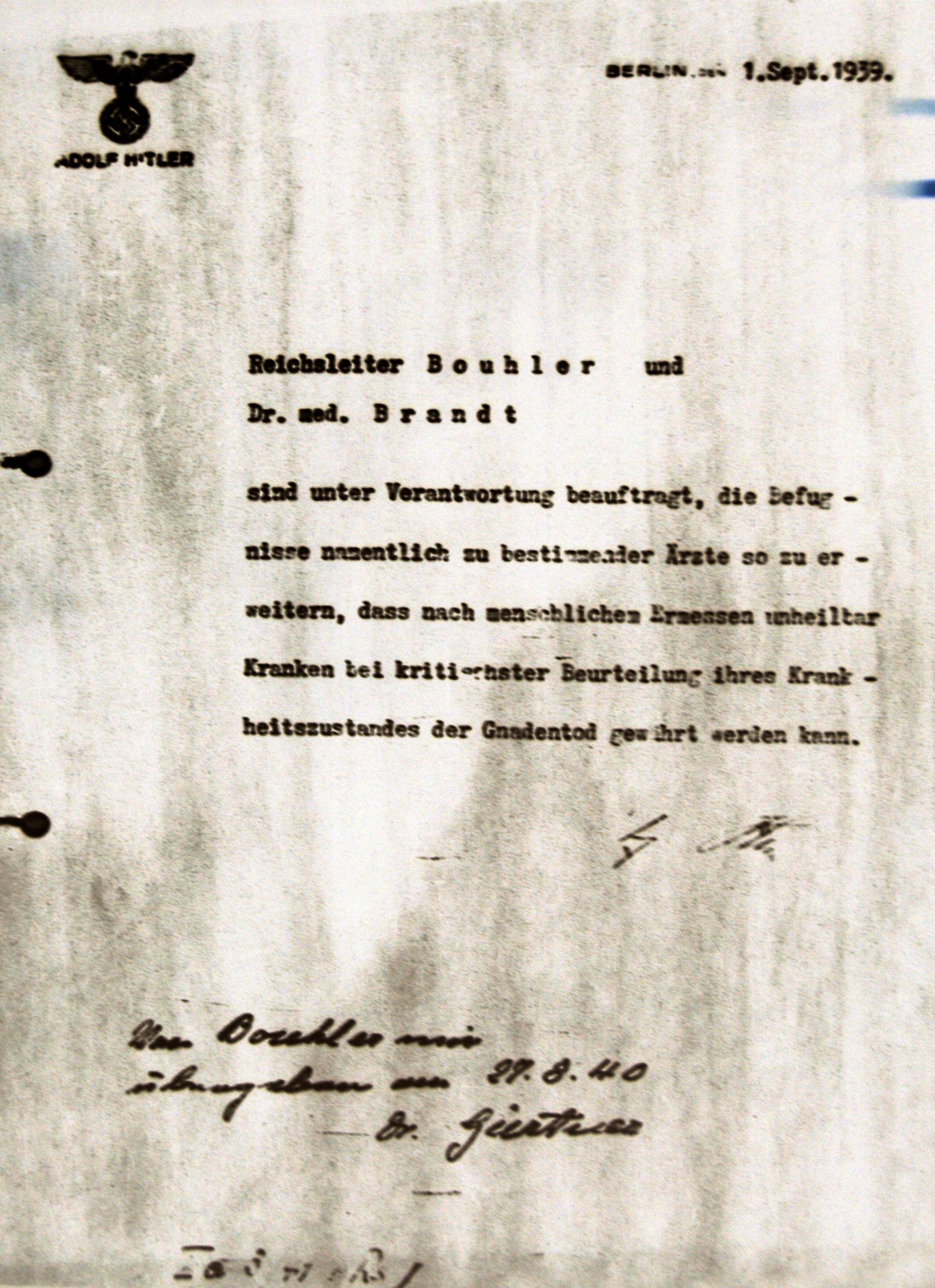 Photo of The "euthanasia" authorization signed by Adolf Hitler