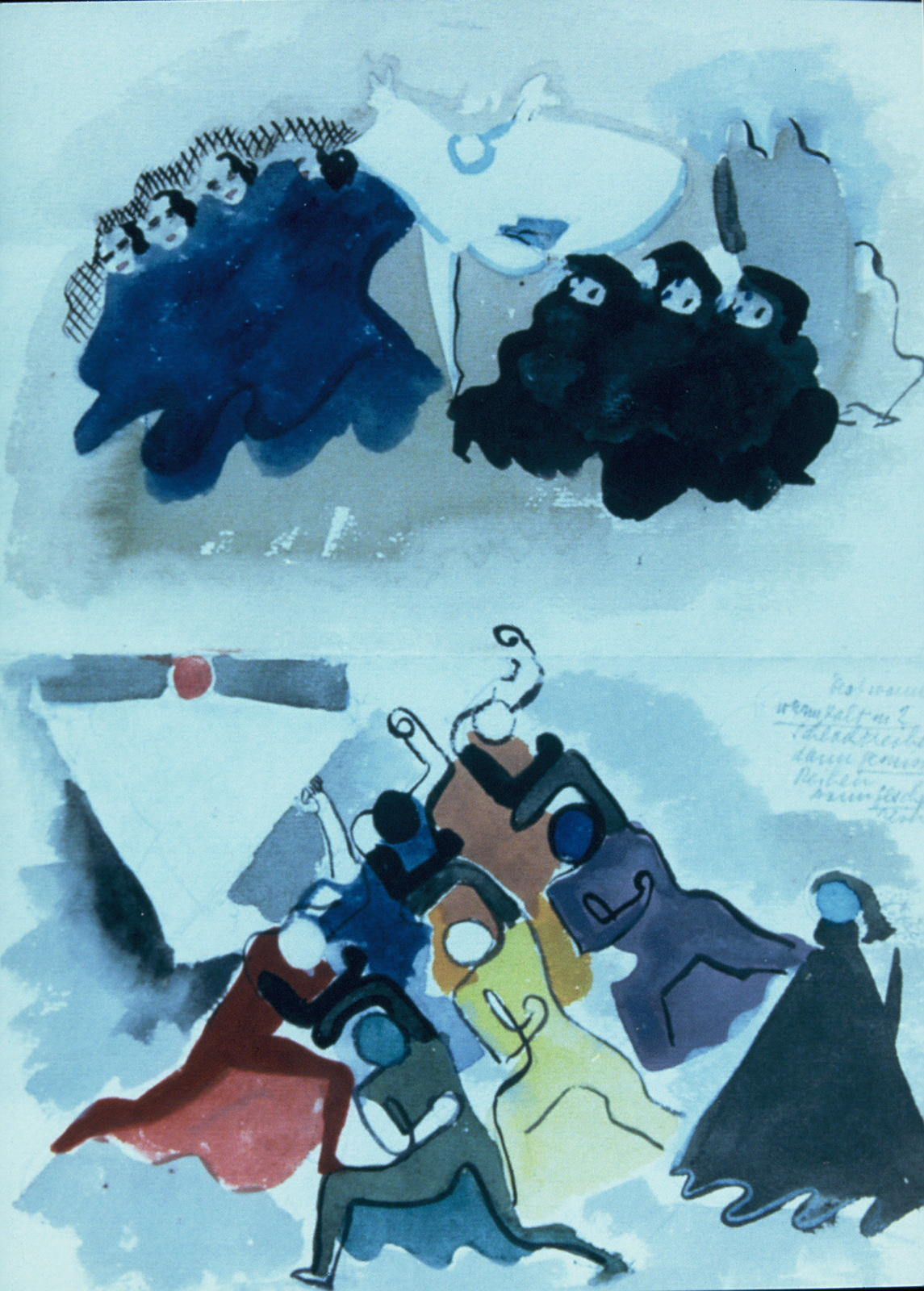 Watercolor painting shows 3 people in blue standing, 3 in black sitting and 7 in a variety of colors perhaps dancing or fighting.