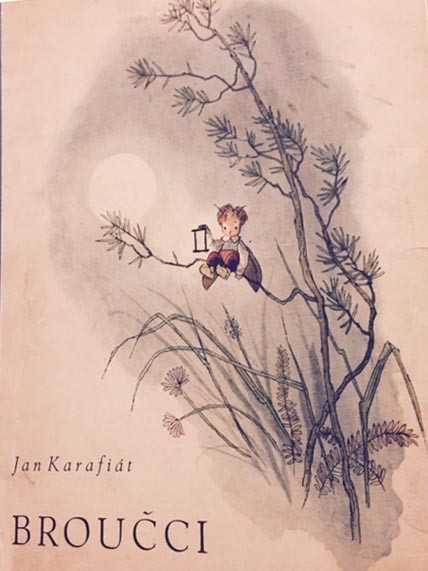 WATERCOLOR SHOWS BOOK COVER WITH A LITTLE BOY DEPICTED AS A FIREFLY, SITTING IN A TREE HOLDING A LANTERN WITH THE MOON VISIBLE BEHIND HIM.