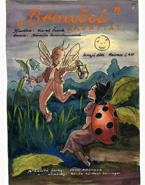 A SMALL BOY WITH FIREFLY WINGS AND ANTENNAE FLIES UNDER A SMILING MOON WITH A LANTERN IN HIS HAND. HE HOVERS NEAR A LADY BUG GIRL SITTING ON A ROCK AND LOOKING UP AT HIM AS HE HOLDS A FLOWER IN HIS HAND. THE POSTER MENTIONS THE NAME OF THE MUSICAL BROUCCI AND THE ARTISTS INVOLVED IN IT.