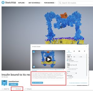 Screen grab of Sketchfab with embed code highlighted.