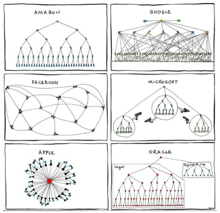 6 different diagrams are shown for 6 major organizations, demonstrating their structures. There is a diagram for the following: Amazon, Google, facebook, microsoft, apple, and oracle.