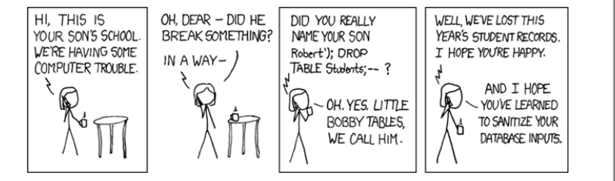 A comic strip with 4 panes about a boy named bobby tables.