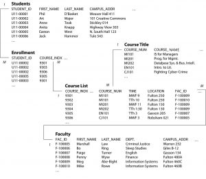 The shema of the entire database, with the tables previously shown, all connecting to each other through shared fields (primary and foreign keys), such as Student ID.