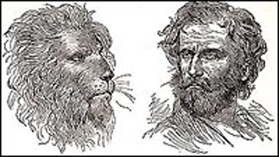 an illustration of a lions face next to an illustration of a mans face, with similar facial features.