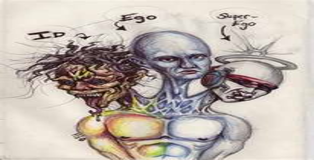 An illustration of a three headed figure. The head on the left is labeled "ID" and looks wild. The middle head is labeled "Ego" and is mostly blue with a discontent face. The third head is labeled "Super-Ego" and has a blindfold, headphones, and mouth cover on.
